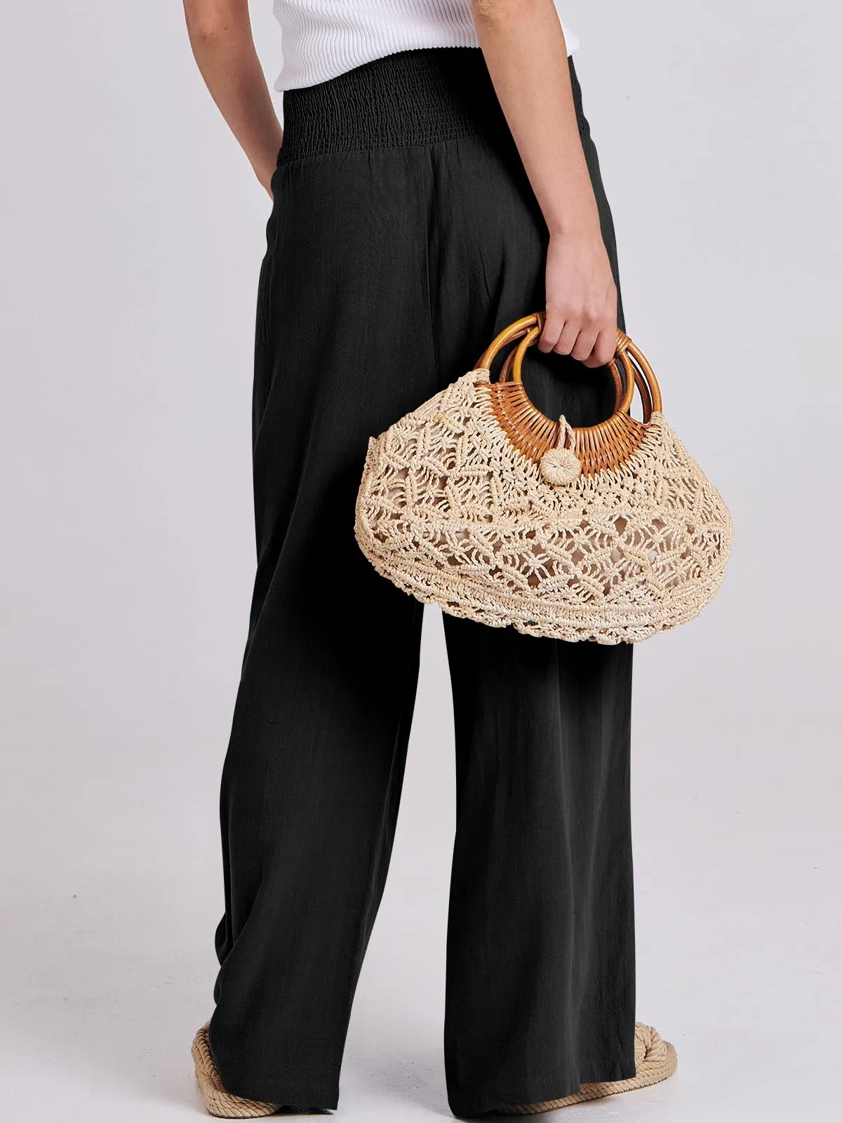 ANRABESS Women Linen Palazzo Pants Summer Boho Wide Leg High Waist Casual Lounge Pant 2024 Beach Travel Vacation Outfits Black Medium