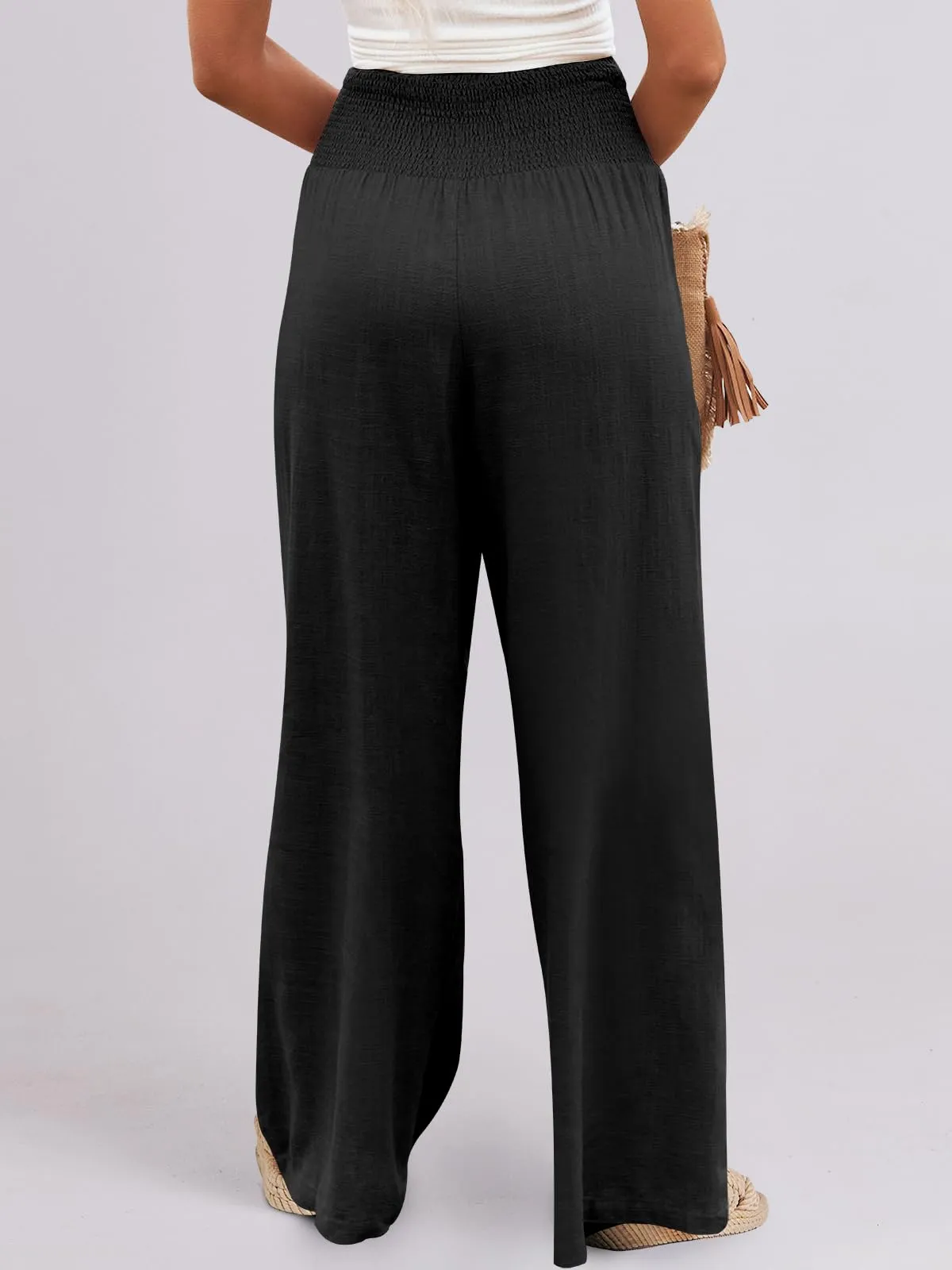 ANRABESS Women Linen Palazzo Pants Summer Boho Wide Leg High Waist Casual Lounge Pant 2024 Beach Travel Vacation Outfits Black Medium