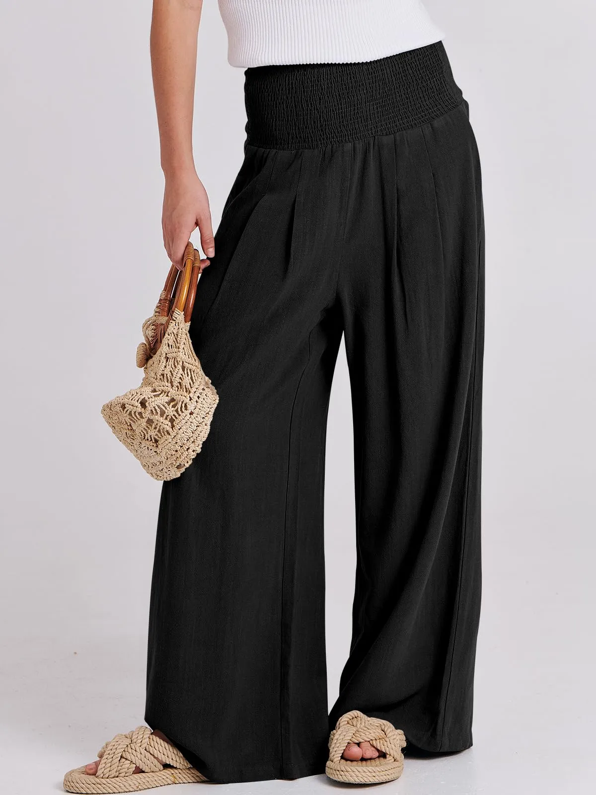 ANRABESS Women Linen Palazzo Pants Summer Boho Wide Leg High Waist Casual Lounge Pant 2024 Beach Travel Vacation Outfits Black Medium