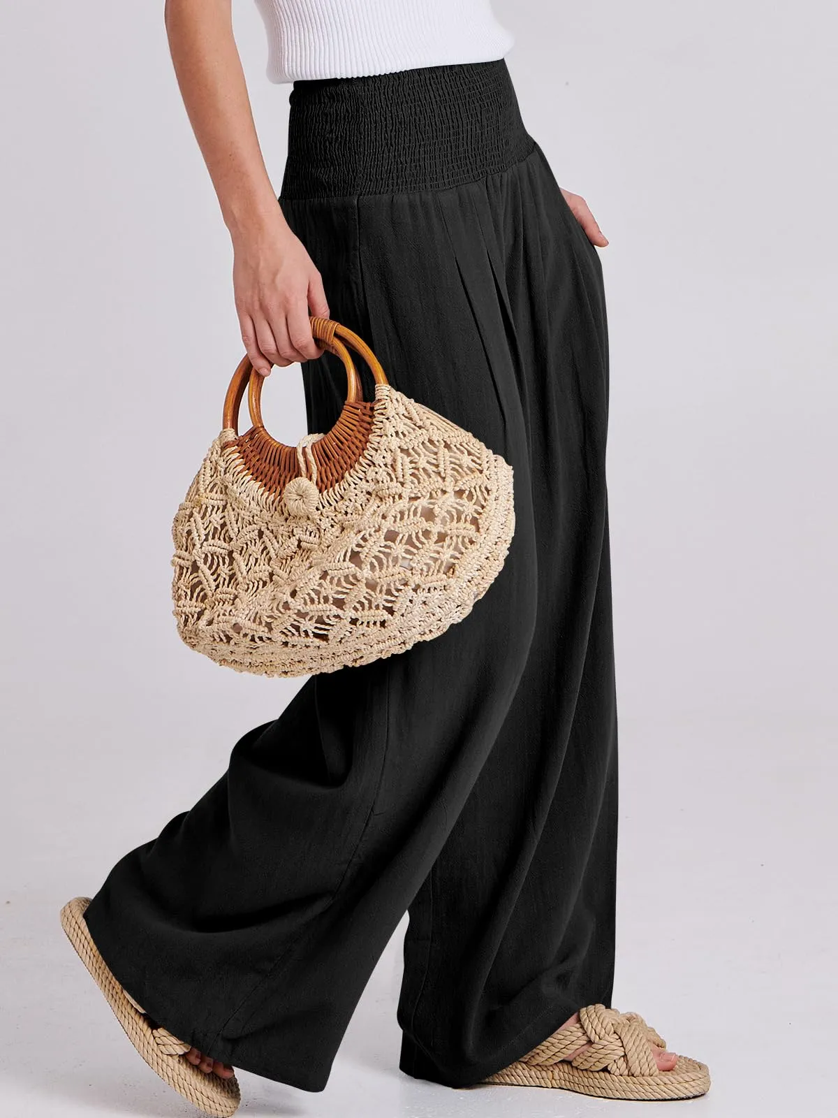 ANRABESS Women Linen Palazzo Pants Summer Boho Wide Leg High Waist Casual Lounge Pant 2024 Beach Travel Vacation Outfits Black Medium