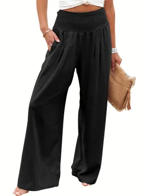 ANRABESS Women Linen Palazzo Pants Summer Boho Wide Leg High Waist Casual Lounge Pant 2024 Beach Travel Vacation Outfits Black Medium