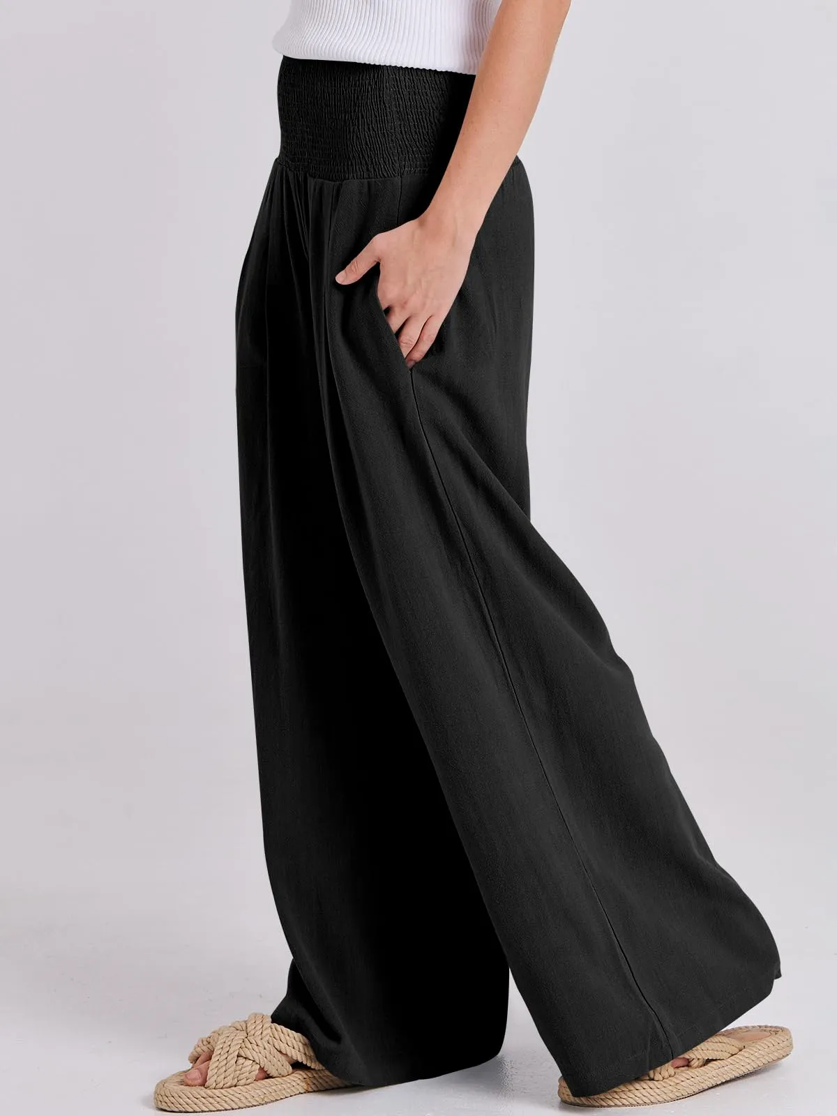 ANRABESS Women Linen Palazzo Pants Summer Boho Wide Leg High Waist Casual Lounge Pant 2024 Beach Travel Vacation Outfits Black Medium