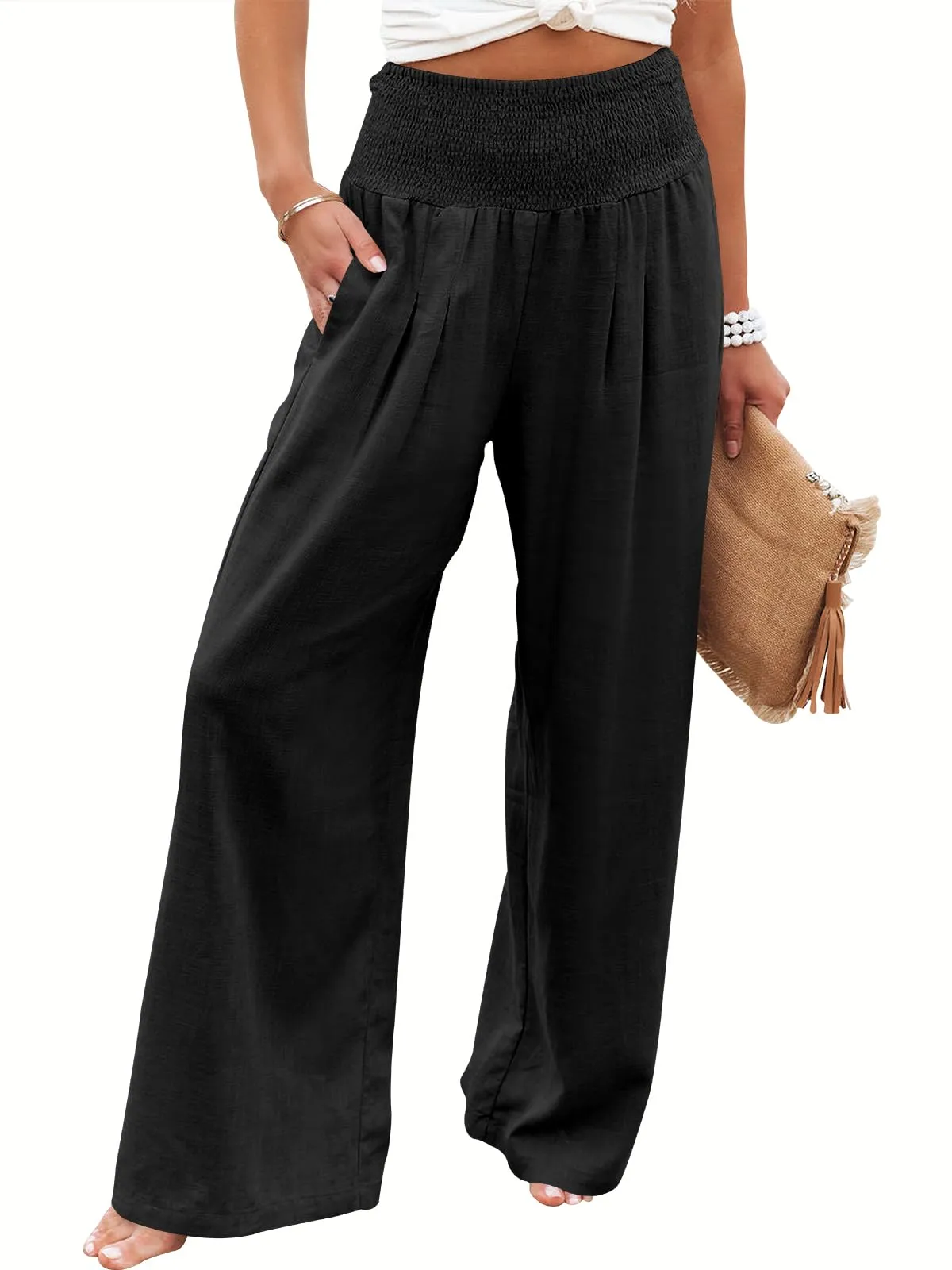 ANRABESS Women Linen Palazzo Pants Summer Boho Wide Leg High Waist Casual Lounge Pant 2024 Beach Travel Vacation Outfits Black Medium