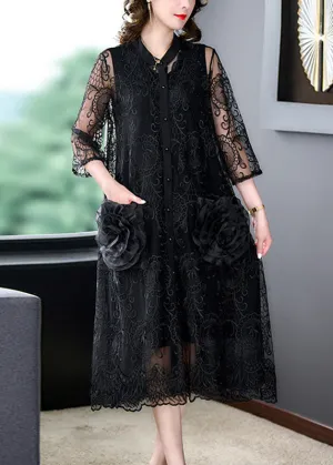 Bohemian Black Embroideried Floral Tulle Long Coats Half Sleeve LY7510