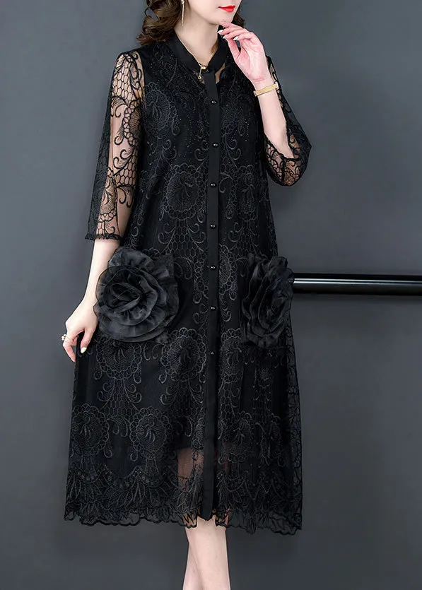 Bohemian Black Embroideried Floral Tulle Long Coats Half Sleeve LY7510