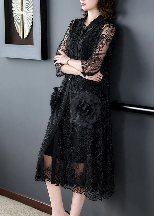 Bohemian Black Embroideried Floral Tulle Long Coats Half Sleeve LY7510