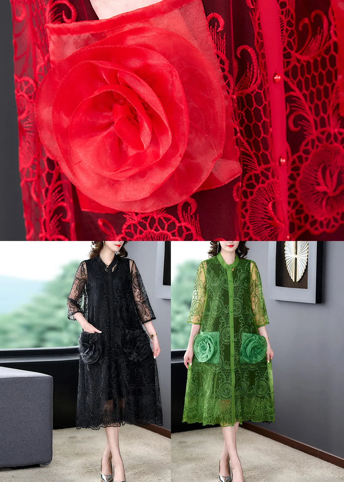 Bohemian Black Embroideried Floral Tulle Long Coats Half Sleeve LY7510