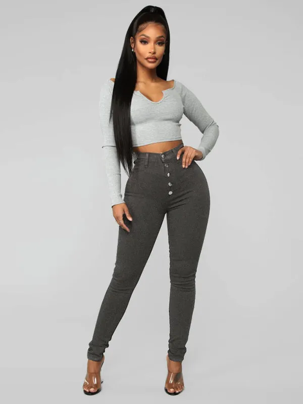 Button High Waist Ankle Skinny Jeans