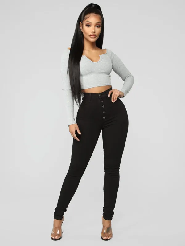 Button High Waist Ankle Skinny Jeans