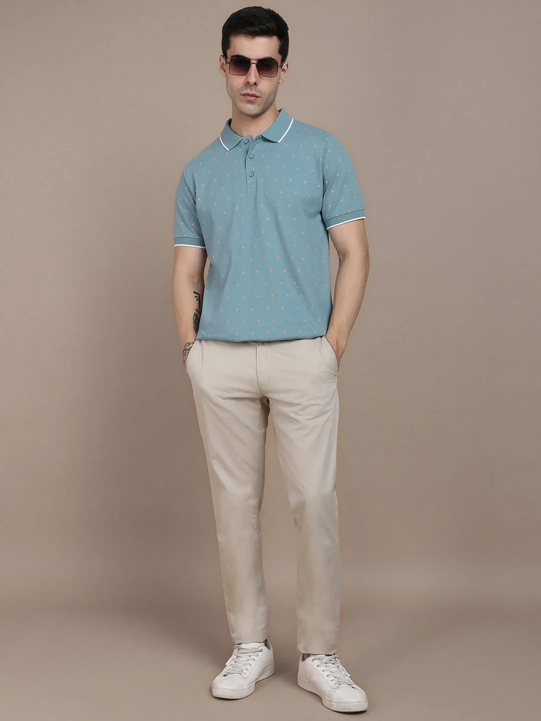 Dennis Lingo Geometric Printed Polo Collar Cotton T-shirt