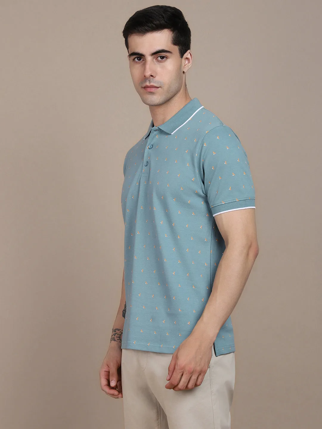 Dennis Lingo Geometric Printed Polo Collar Cotton T-shirt