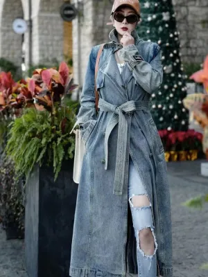 DERMEARNE Autumn And Spring Denim Long Coat Woman Luxury Women's Coats Women's Coats Jackets Trench Coat Female Traf Women's Trench Coat