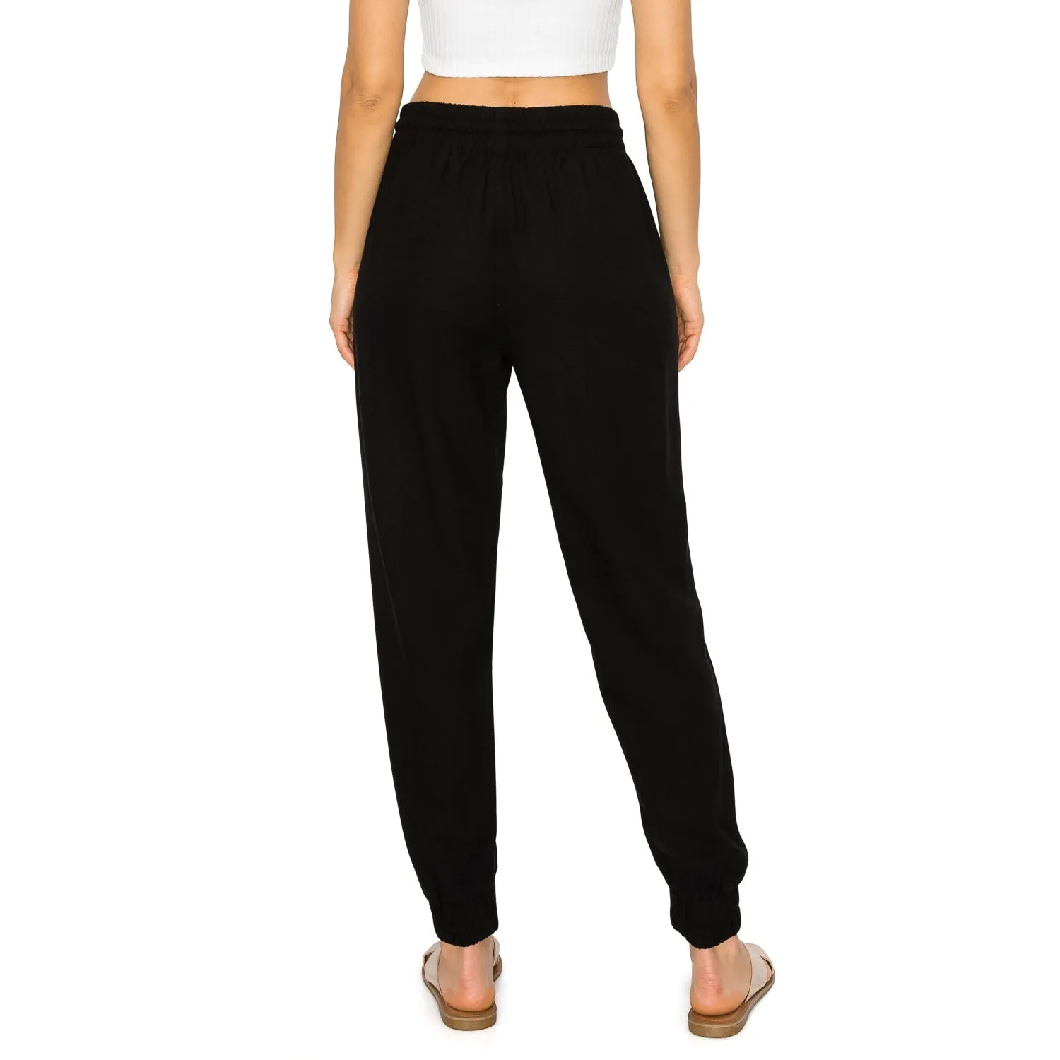 Drawstring Waist Linen Jogger Pants - Black