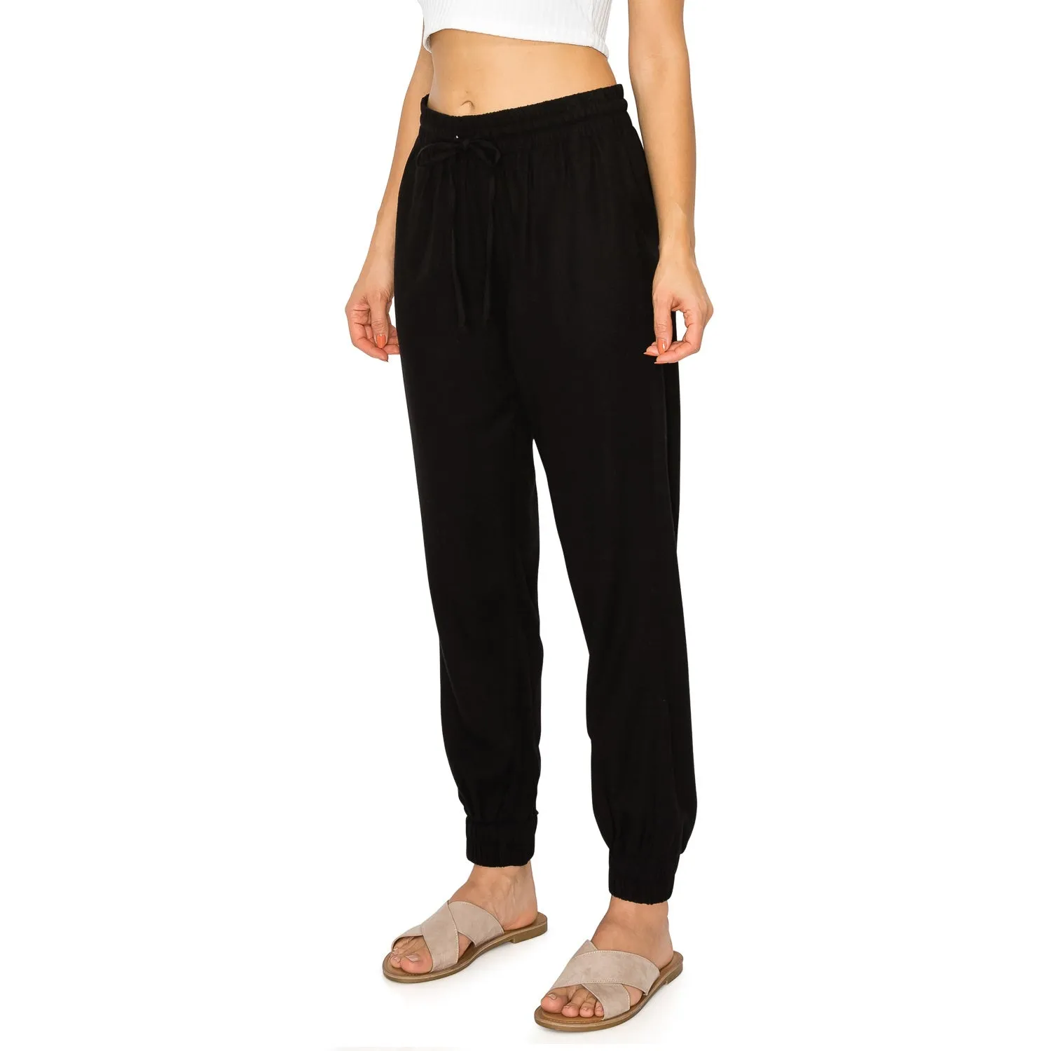 Drawstring Waist Linen Jogger Pants - Black