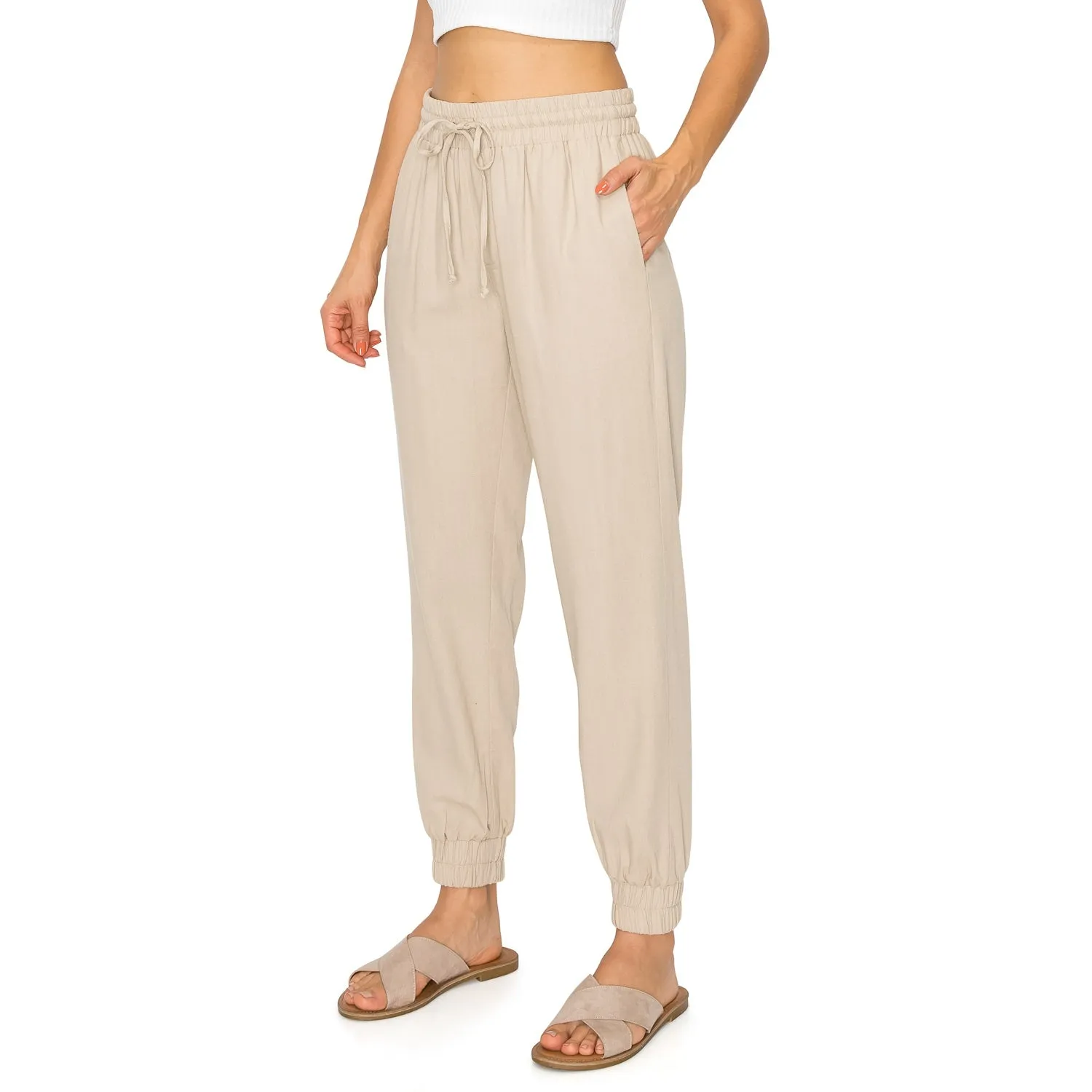 Drawstring Waist Linen Jogger Pants - Khaki
