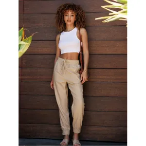 Drawstring Waist Linen Jogger Pants - Khaki