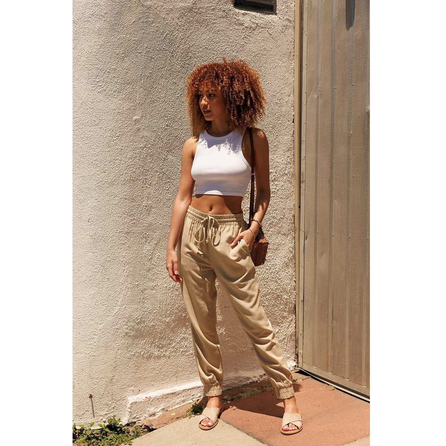 Drawstring Waist Linen Jogger Pants - Khaki