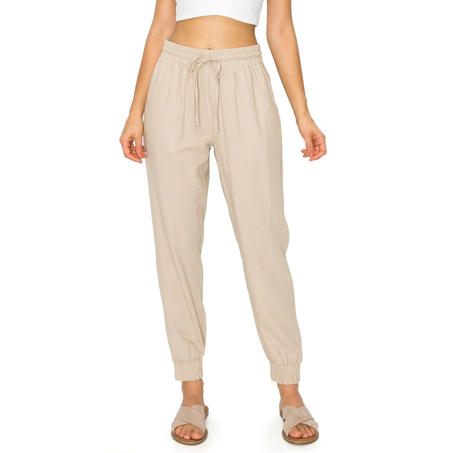 Drawstring Waist Linen Jogger Pants - Khaki