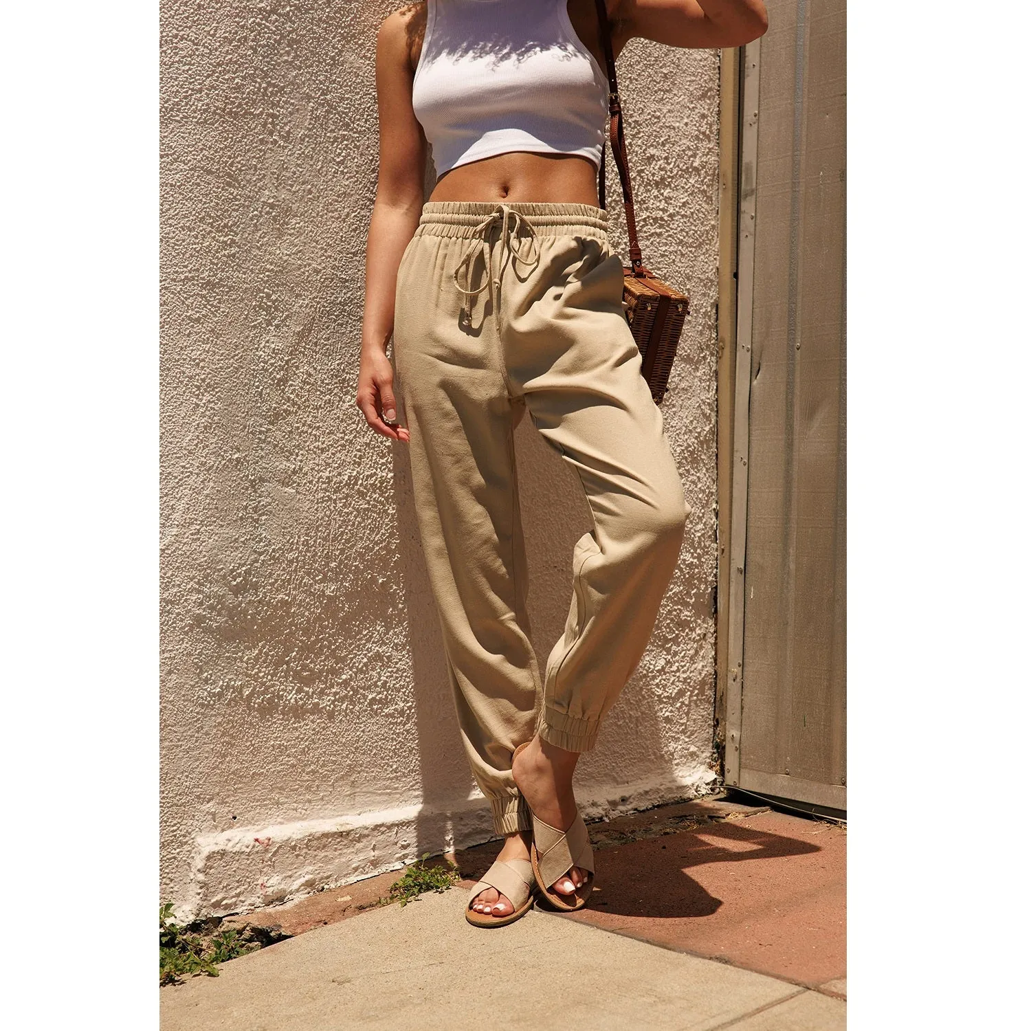 Drawstring Waist Linen Jogger Pants - Khaki