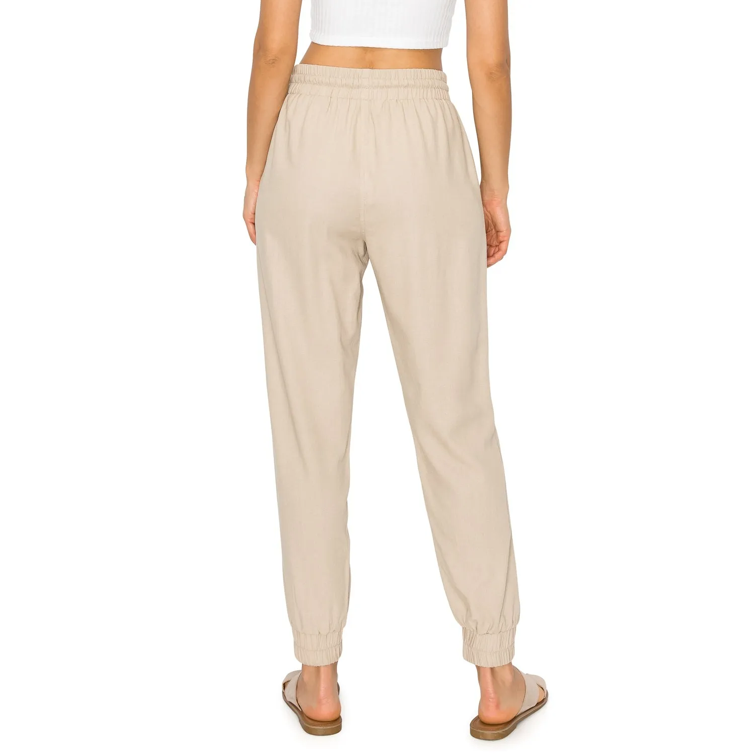 Drawstring Waist Linen Jogger Pants - Khaki