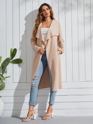 Elegant Plain Pocket Long Sleeve Waterfall Midi Women Coat