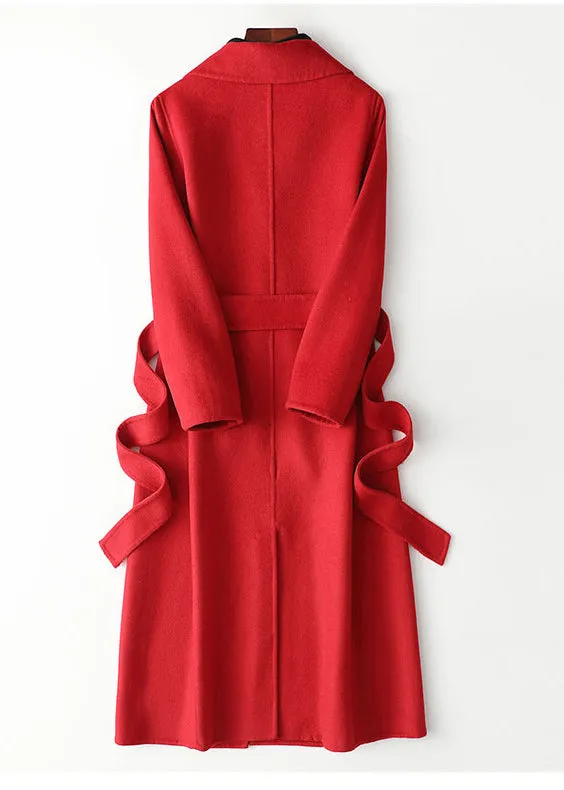 Fashion Red Notched Patchwork Woolen Long Coats Fall