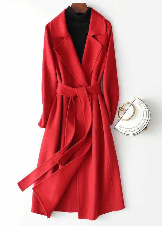 Fashion Red Notched Patchwork Woolen Long Coats Fall