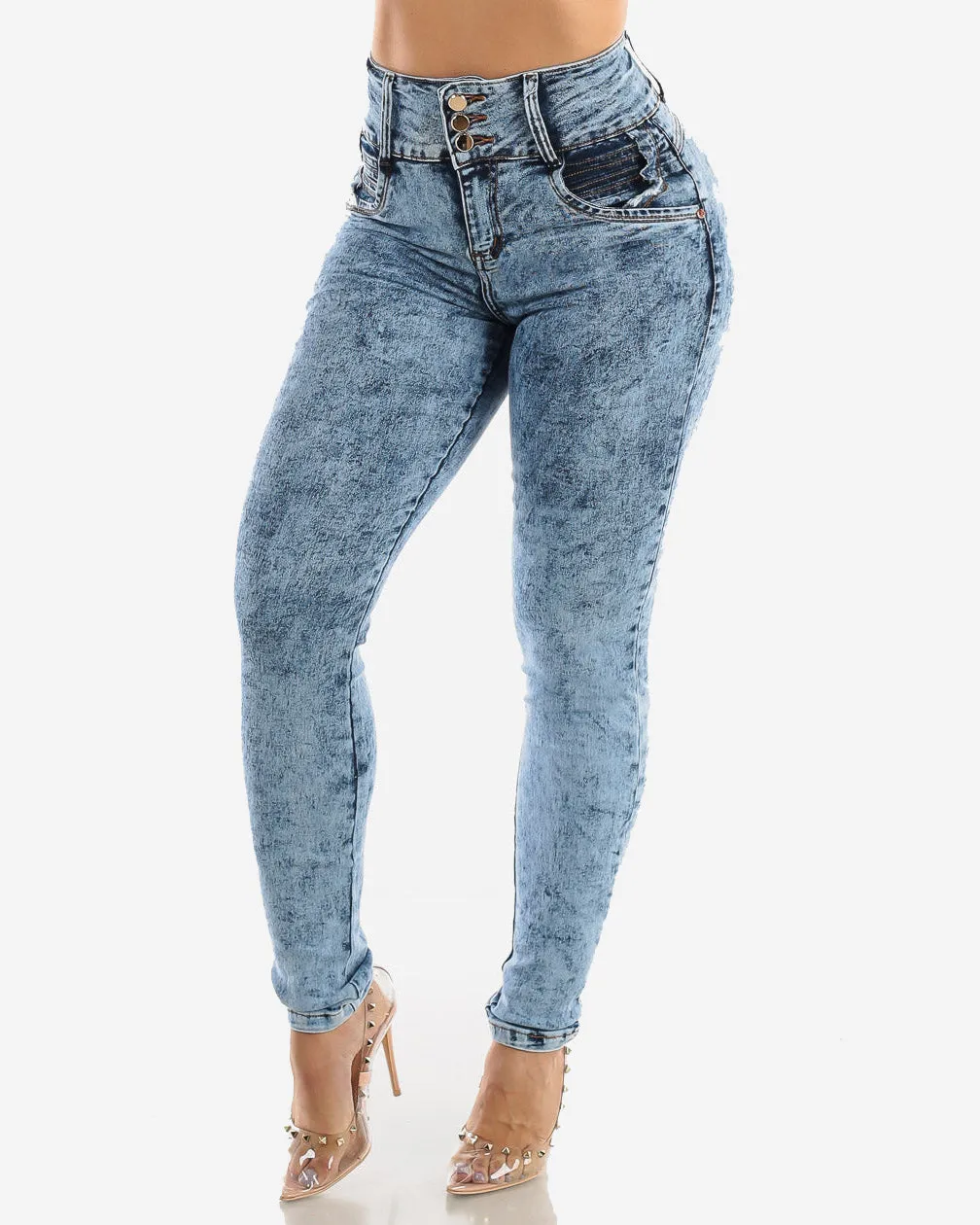 Gesäßanhebende Skinny Jeans mit Marmorierter Waschung und Liftendem Effekt