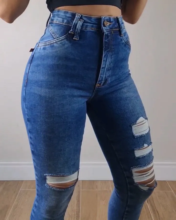 High-Waist Skinny-Jeans mit Destroyed-Optik