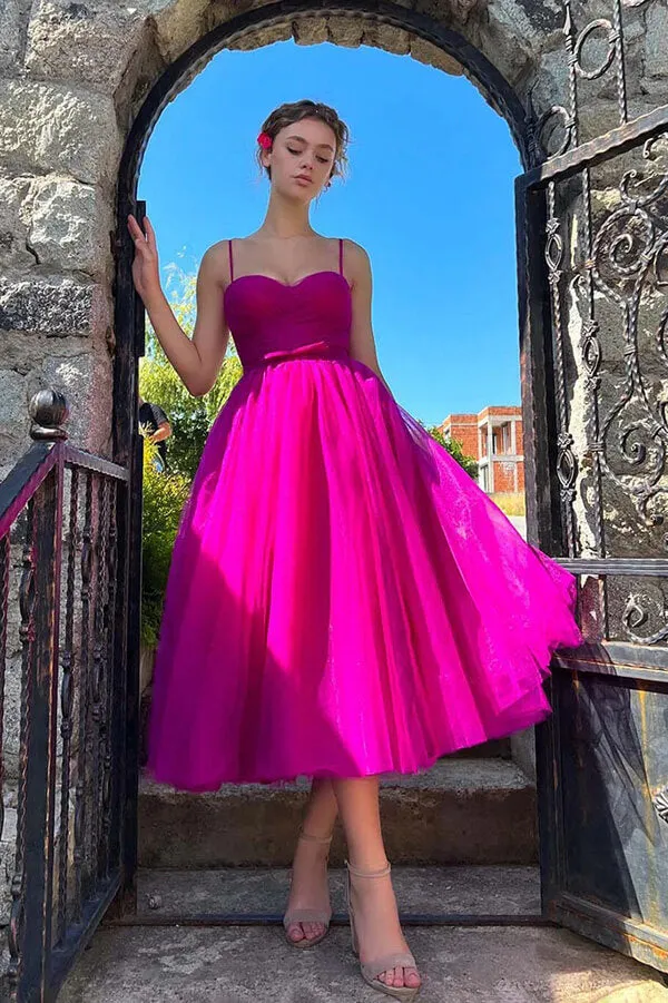 Hot Pink Tulle A-line Sweetheart Pleated Bodice Homecoming Dresses, SH638