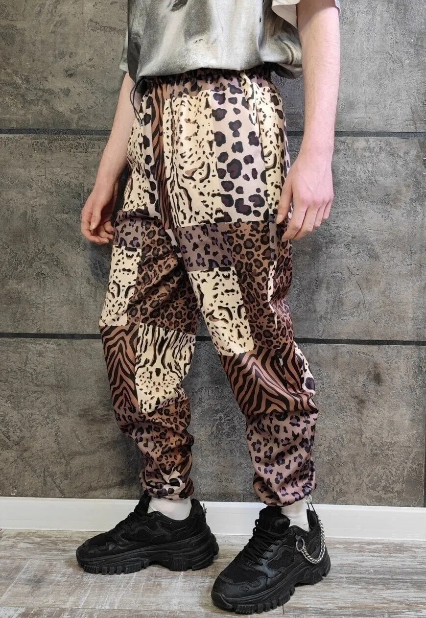 Leopard joggers handmade animal print raver pants in brown