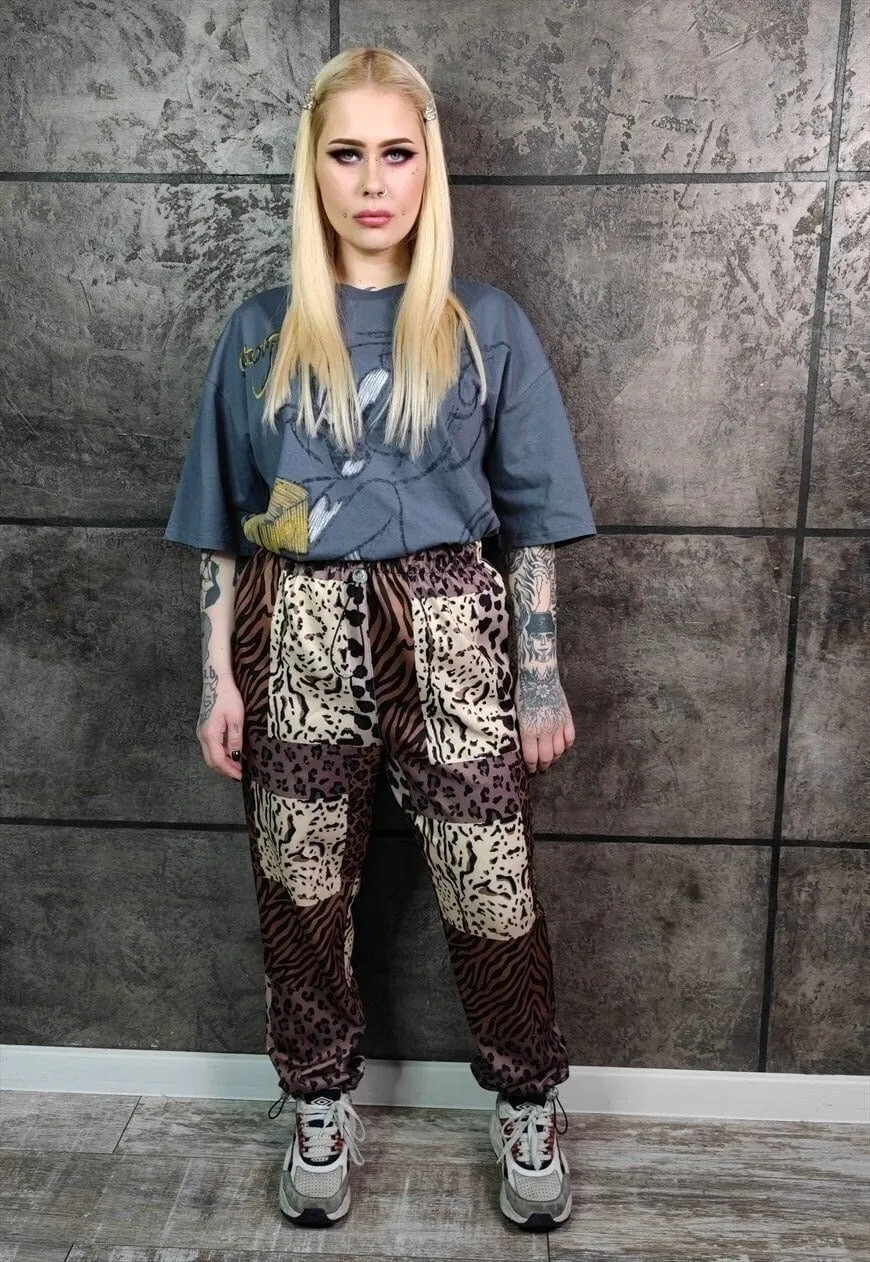 Leopard joggers handmade animal print raver pants in brown