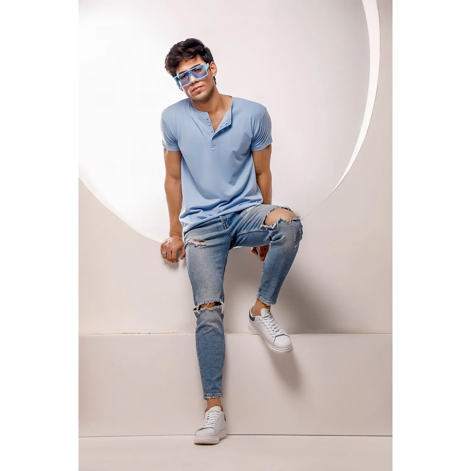 Light Blue Half Sleeves Henley