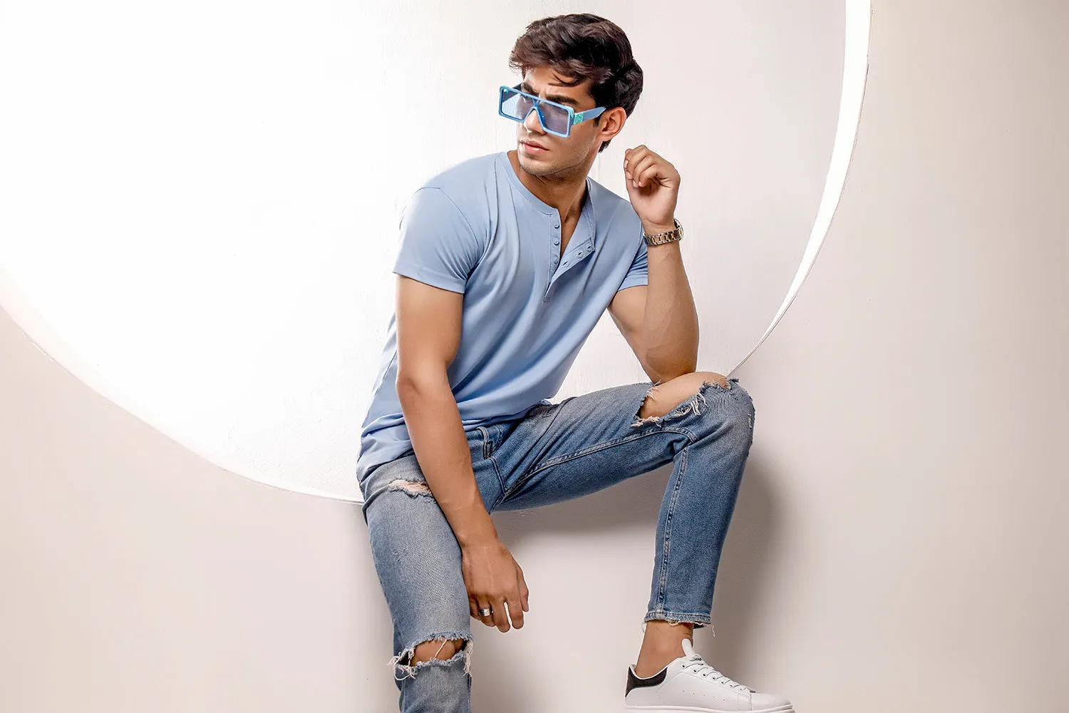 Light Blue Half Sleeves Henley