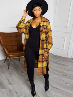 Long Sleeves Lapel Plaid Print Long Coats