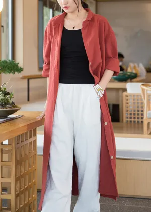 Loose Orange Red Button Side Open Linen Long Coats Long Sleeve ML2377