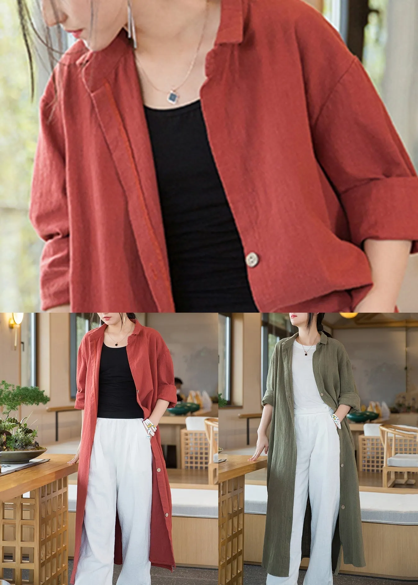 Loose Orange Red Button Side Open Linen Long Coats Long Sleeve ML2377