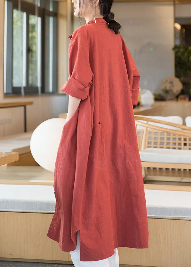 Loose Orange Red Button Side Open Linen Long Coats Long Sleeve ML2377