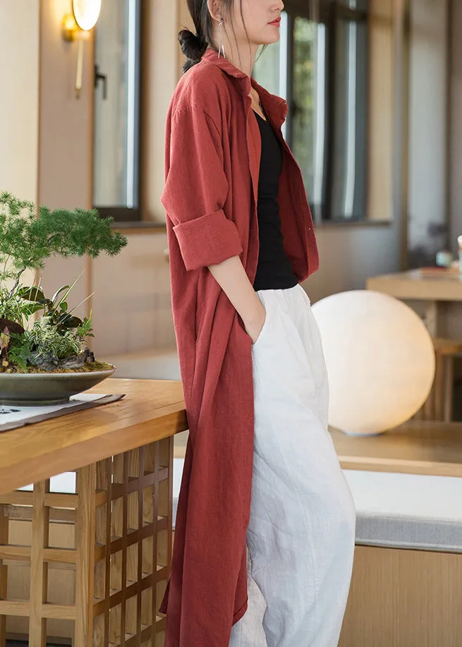 Loose Orange Red Button Side Open Linen Long Coats Long Sleeve ML2377