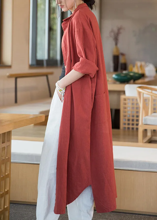 Loose Orange Red Button Side Open Linen Long Coats Long Sleeve ML2377
