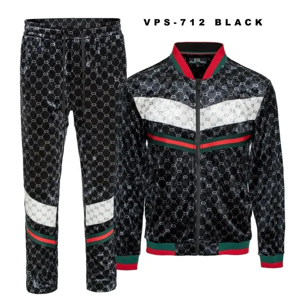Men's Black Velvet Jogging Set Jacket and Pants Red and Green Strip SPV-712