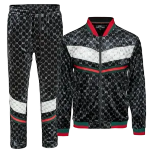 Men's Black Velvet Jogging Set Jacket and Pants Red and Green Strip SPV-712