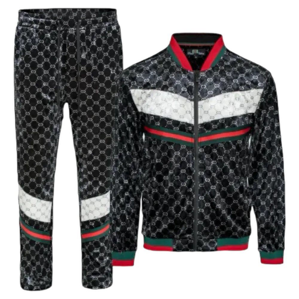 Men's Black Velvet Jogging Set Jacket and Pants Red and Green Strip SPV-712