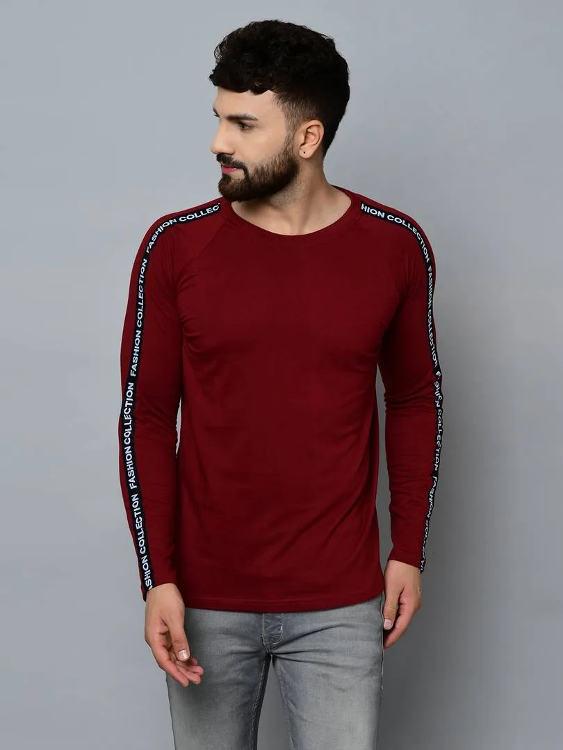 Men's Maroon Cotton Self Pattern Round Neck Tees