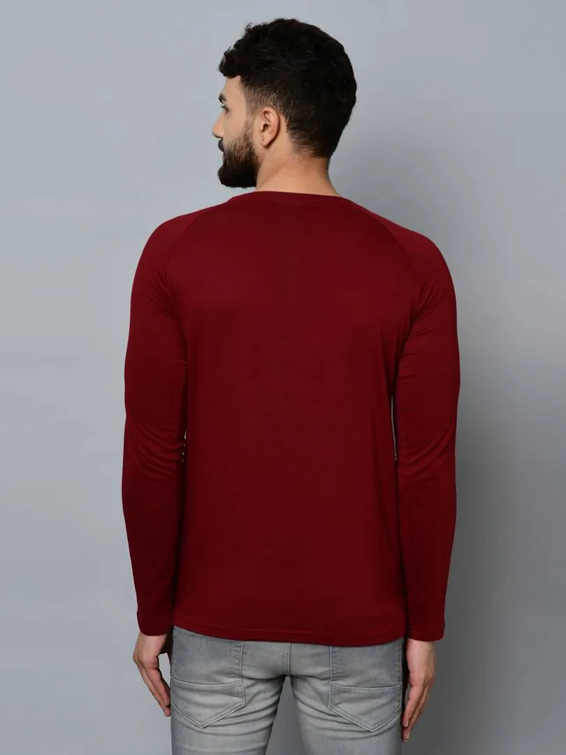 Men's Maroon Cotton Self Pattern Round Neck Tees