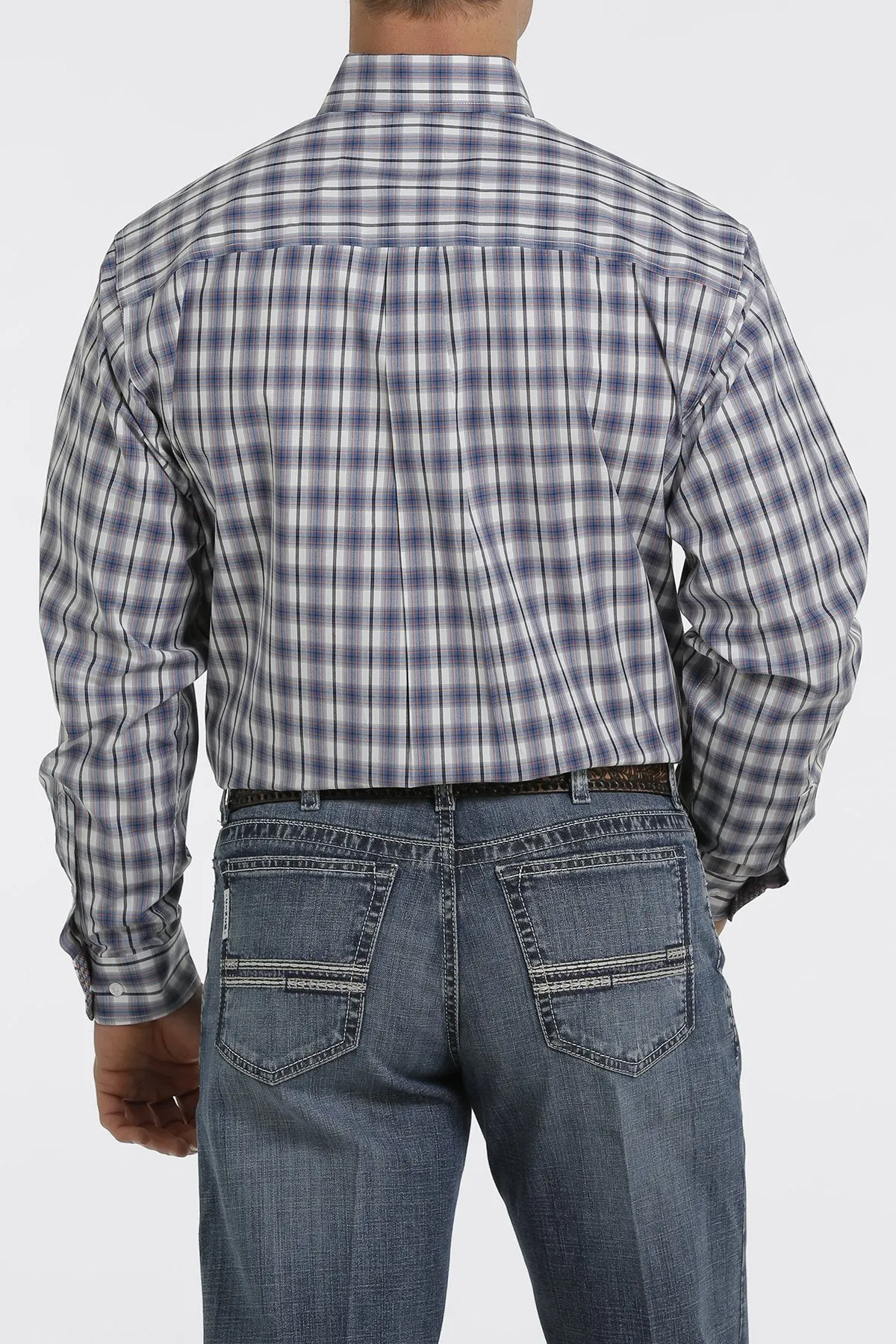 MEN'S PLAID BUTTON DOWN WESTERN SHIRT - WHITE/BLUE/ORANGE