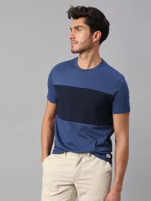 Men's Pure Cotton Color Block Half Sleeves Crew Neck T-Shirt (Blue)