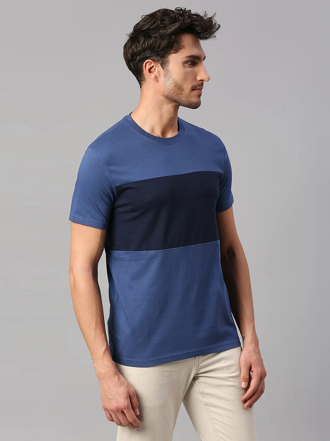 Men's Pure Cotton Color Block Half Sleeves Crew Neck T-Shirt (Blue)