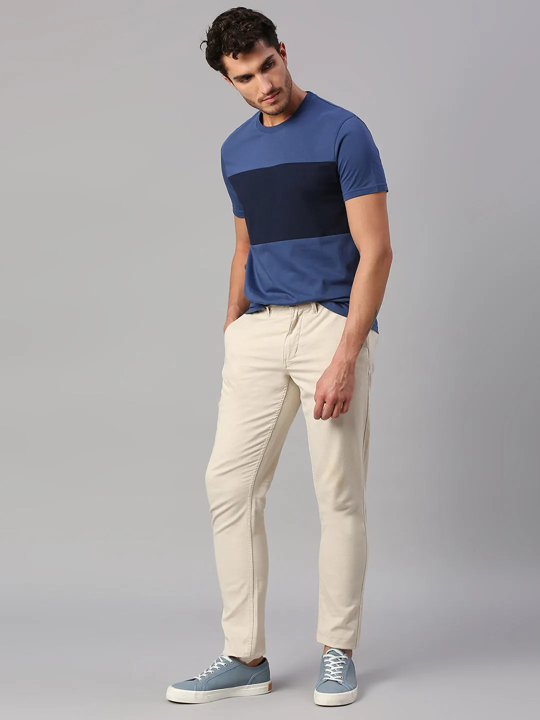 Men's Pure Cotton Color Block Half Sleeves Crew Neck T-Shirt (Blue)