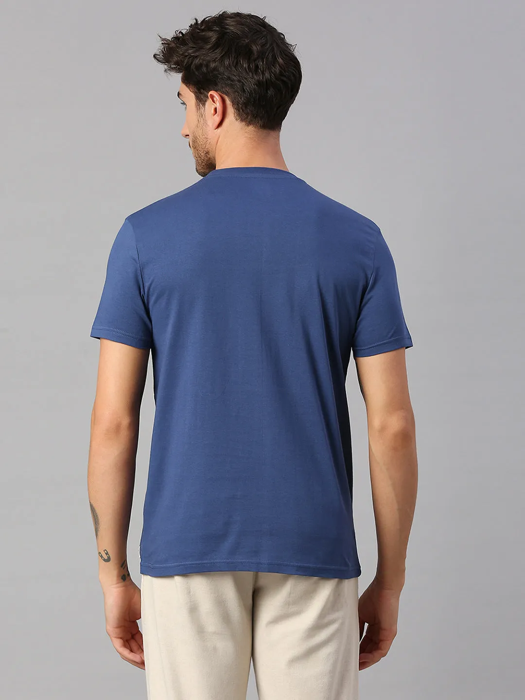 Men's Pure Cotton Color Block Half Sleeves Crew Neck T-Shirt (Blue)